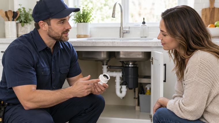 A plumber showing a homeowner a replacement fitting while explaining the repair at her kitchen sink.