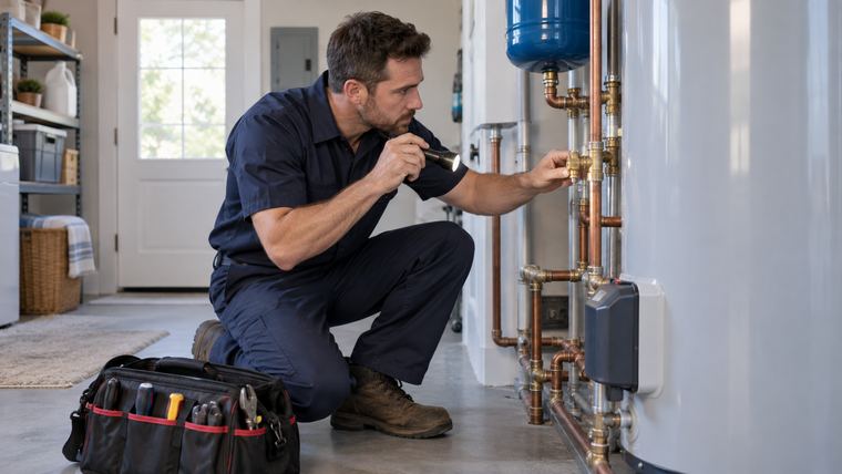 A plumber using a flashlight to inspect pipe connections behind a water heater.