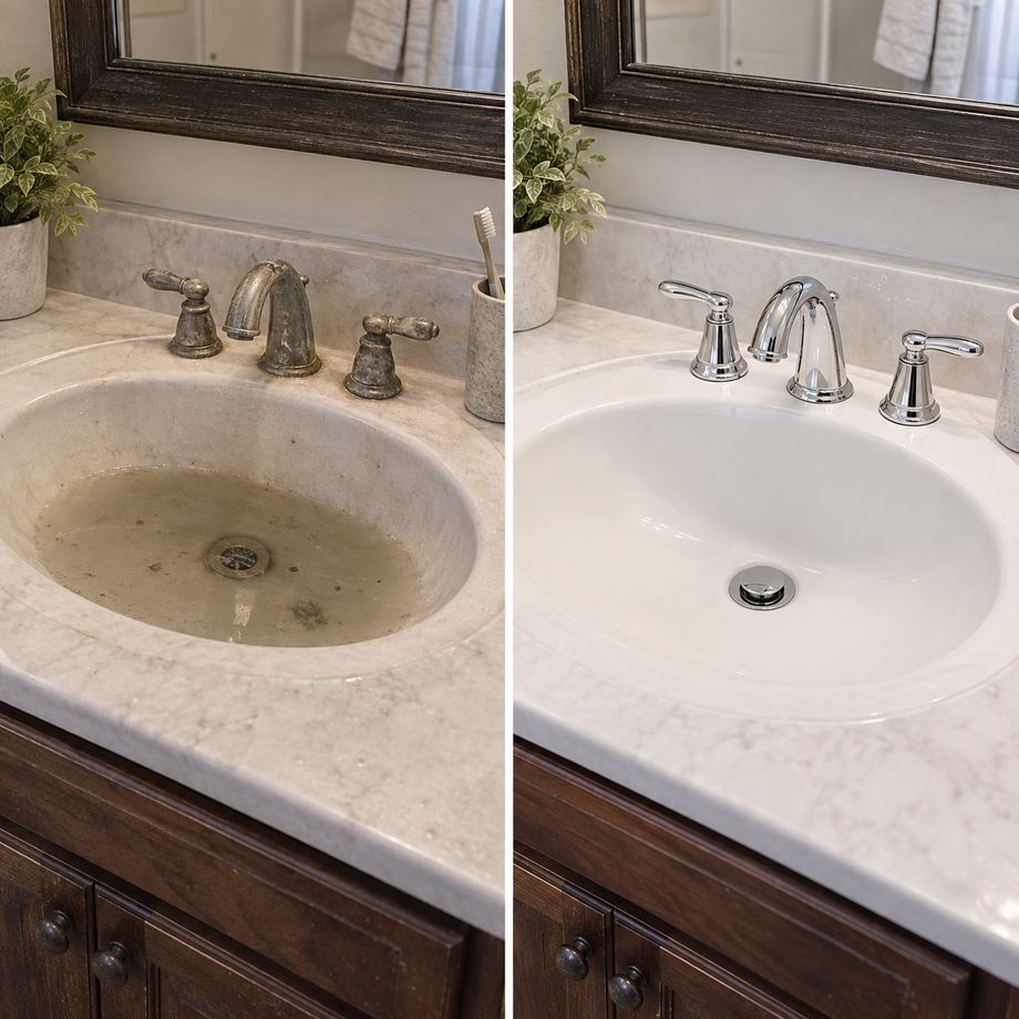 Side-by-side comparison of a bathroom vanity sink: a stained, grimy basin with a tarnished faucet next to the same sink sparkling clean with a polished chrome faucet.