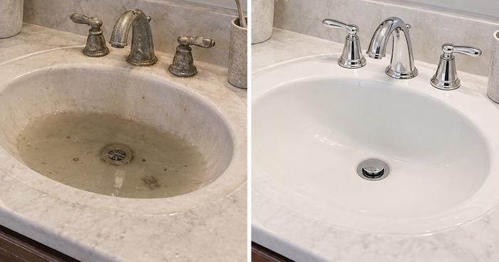 Side-by-side comparison of a grimy, stained bathroom sink basin and faucet next to the same sink sparkling clean.