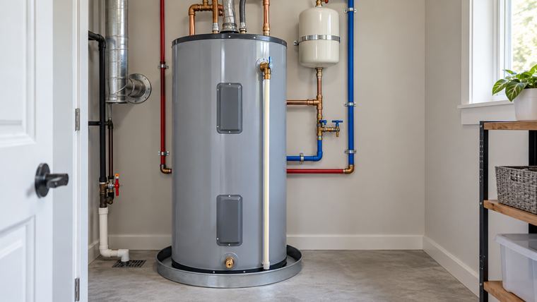 A newly installed water heater with clean copper and PEX piping in a residential utility room.