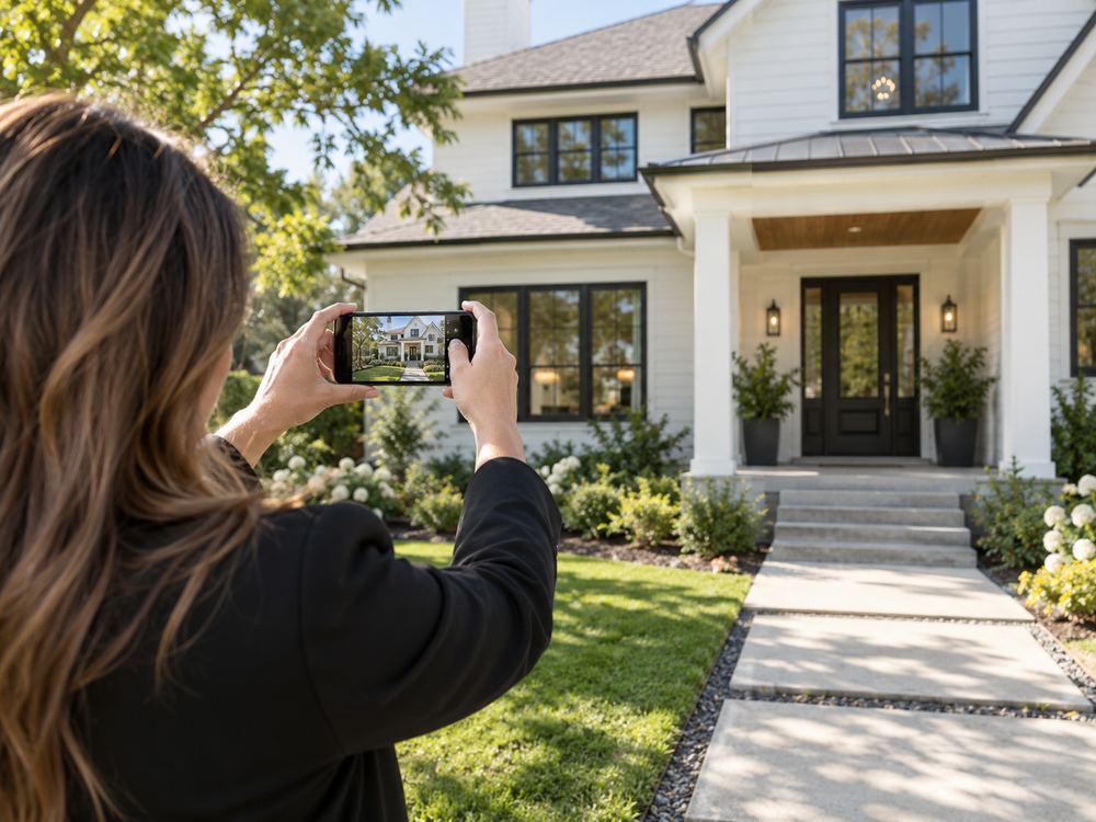 A real estate agent photographing a home's exterior with her phone for a new listing.