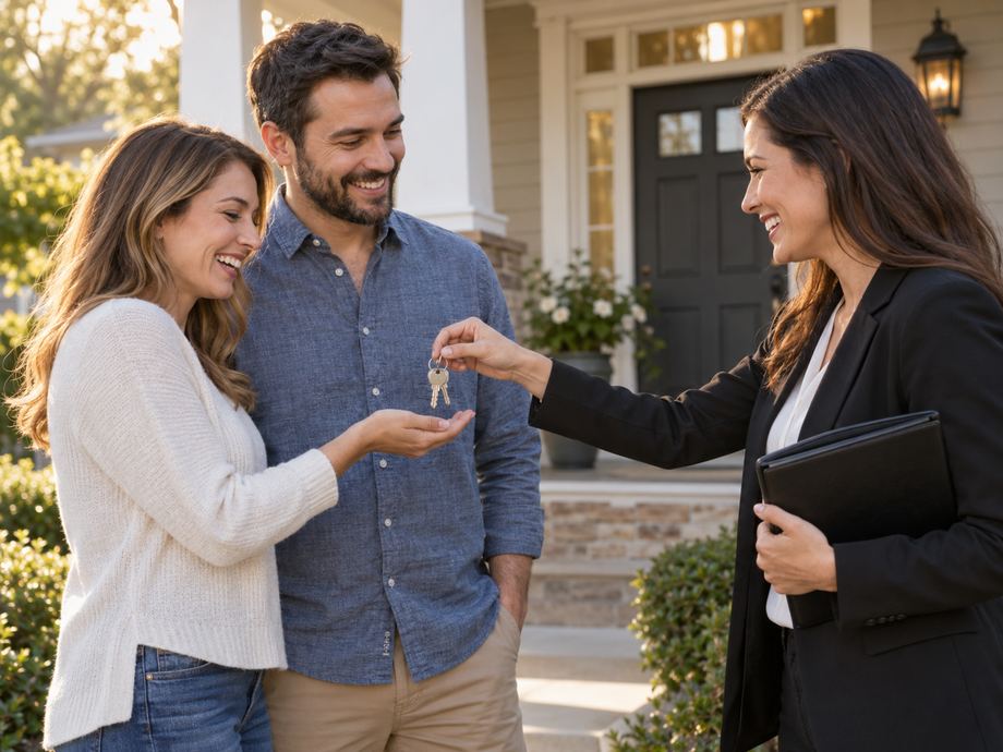 A real estate agent handing over house keys to a smiling couple standing on the front porch of their new home.