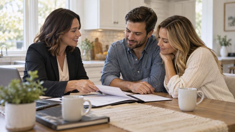 A real estate agent reviewing paperwork with a couple seated together at a kitchen table.