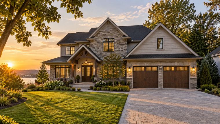 A large home with stone and wood-shake siding photographed at golden-hour sunset with a lake view in the background.