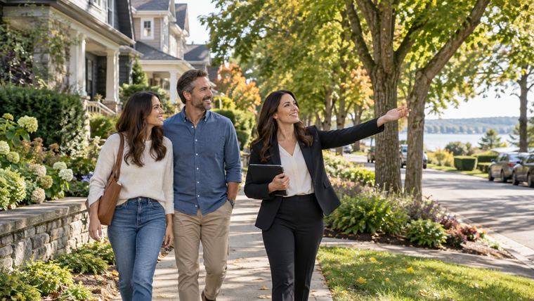 A real estate agent walking a couple down a tree-lined neighborhood sidewalk, pointing out something down the street.