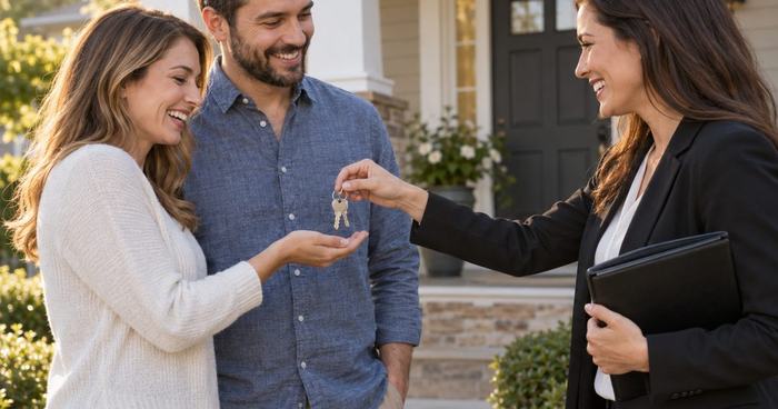 A real estate agent handing over house keys to a smiling couple on the front porch of their new home.