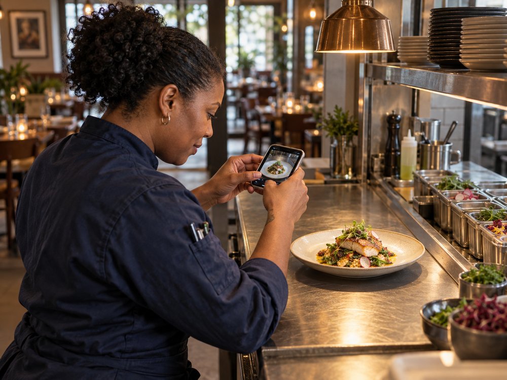 A chef photographing a plated dish with her phone at the kitchen pass.