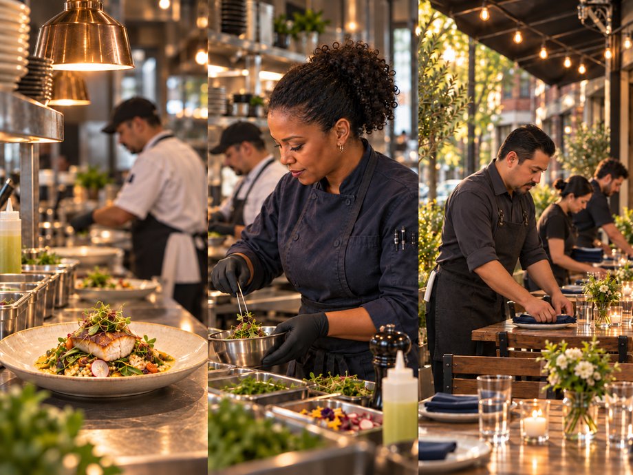 Three restaurant moments side by side: a plated entree at the pass, a chef finishing a dish with tweezers, and a server setting an outdoor patio table.