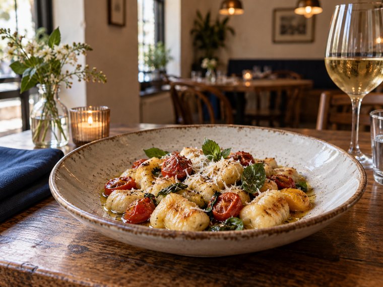 A plated gnocchi dish with roasted cherry tomatoes and basil, served at a restaurant table with a glass of white wine.