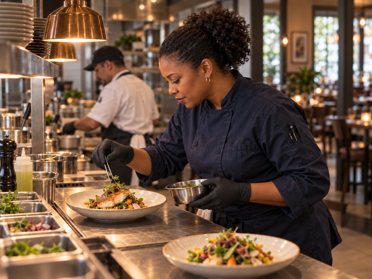 A chef using tweezers to finish plating a dish at the kitchen pass.