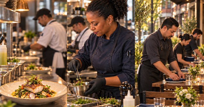 Three restaurant moments side by side: a plated entree at the pass, a chef finishing a dish with tweezers, and a server setting an outdoor patio table.
