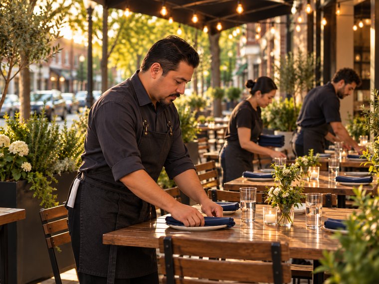 A restaurant's outdoor patio set for dinner service with string lights, candles, and fresh flowers on each table.
