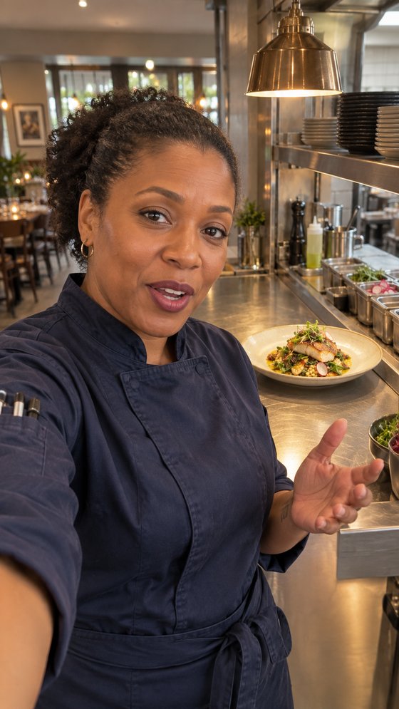 Raw, unedited phone video frame of a chef giving a menu update from the kitchen pass, with a plated dish visible on the counter behind her.