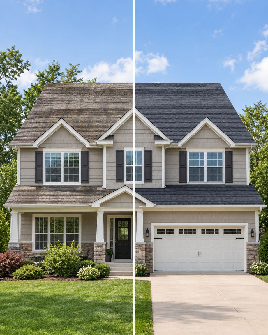 Split before-and-after photo of a home's roof: worn, algae-streaked shingles on the left next to a freshly installed charcoal-gray roof on the right.