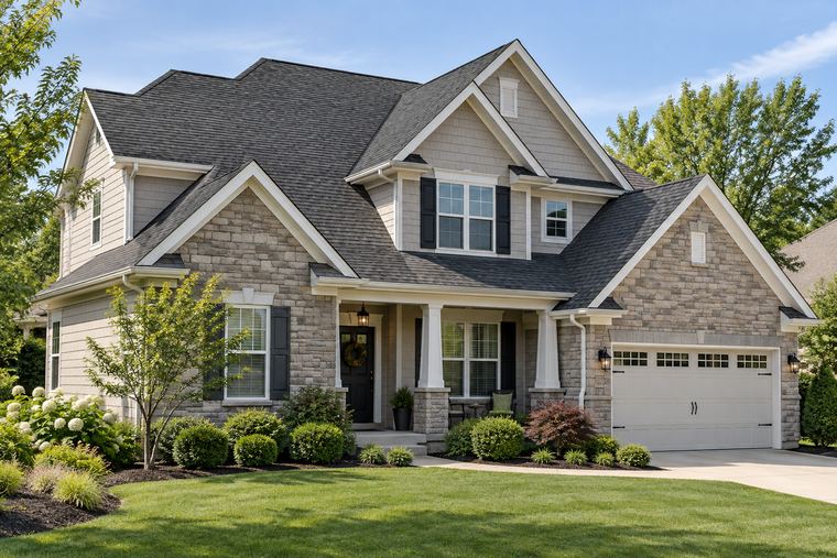 A finished two-story home with a newly installed charcoal-gray roof, stone accents, and a landscaped front yard.