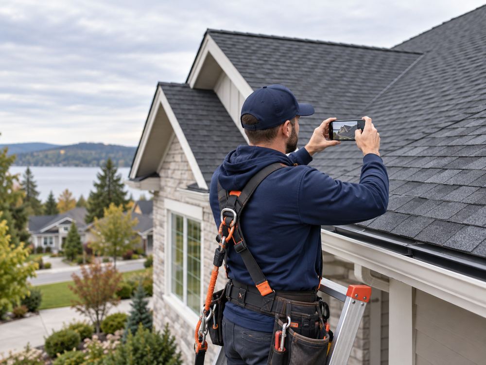 A roofer standing on a ladder photographing a finished roof installation with his phone.