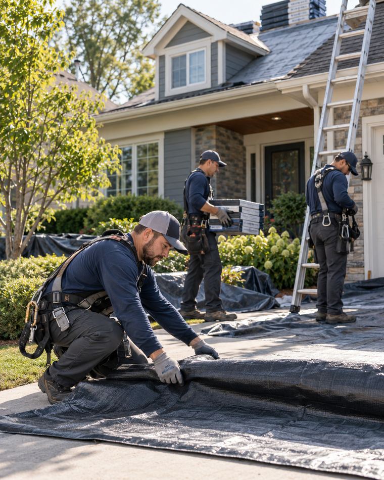 A roofing crew unloading shingle bundles and laying down protective tarps at the start of a job.