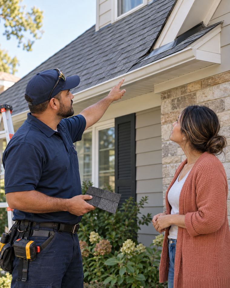A roofing contractor showing a homeowner a shingle sample while pointing out a roof detail.
