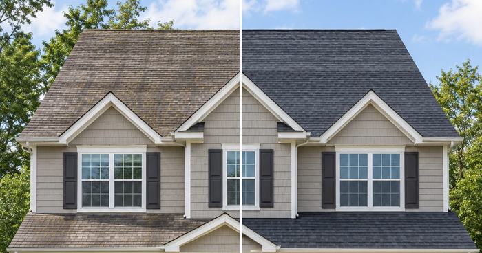 Before-and-after photo of a home's roof: worn, algae-streaked shingles transformed into a new charcoal-gray roof.