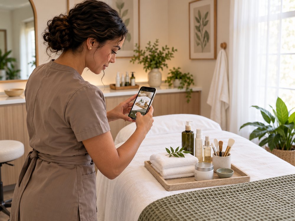 An esthetician photographing a styled treatment tray with her phone.