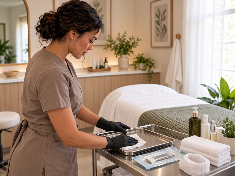An esthetician preparing a sanitized instrument tray at the treatment cart.