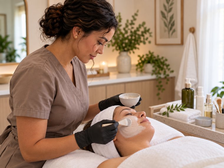 An esthetician applying a facial treatment to a client's skin.