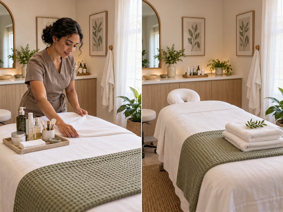 Split view of a spa treatment room: an esthetician preparing the space on the left, and the same room fully set and ready for a client on the right.