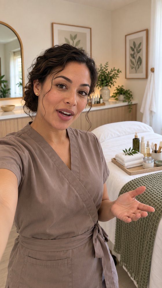 Raw, unedited phone video frame of an esthetician introducing what to expect at a first appointment, with a prepared treatment table visible behind her.