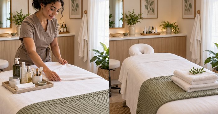 Split view of a spa treatment room: an esthetician preparing the space on the left, and the same room fully set and ready for a client on the right.